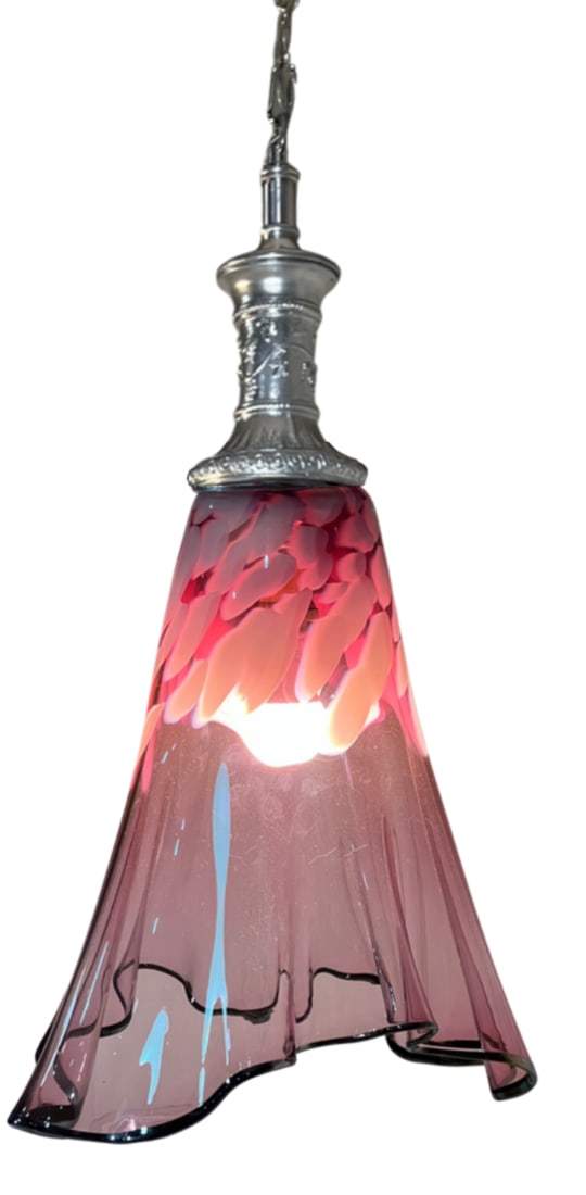 Large Fazzoletto Art Glass Raspberry Pink White Oval Pattern Pendant Light Signed - 3