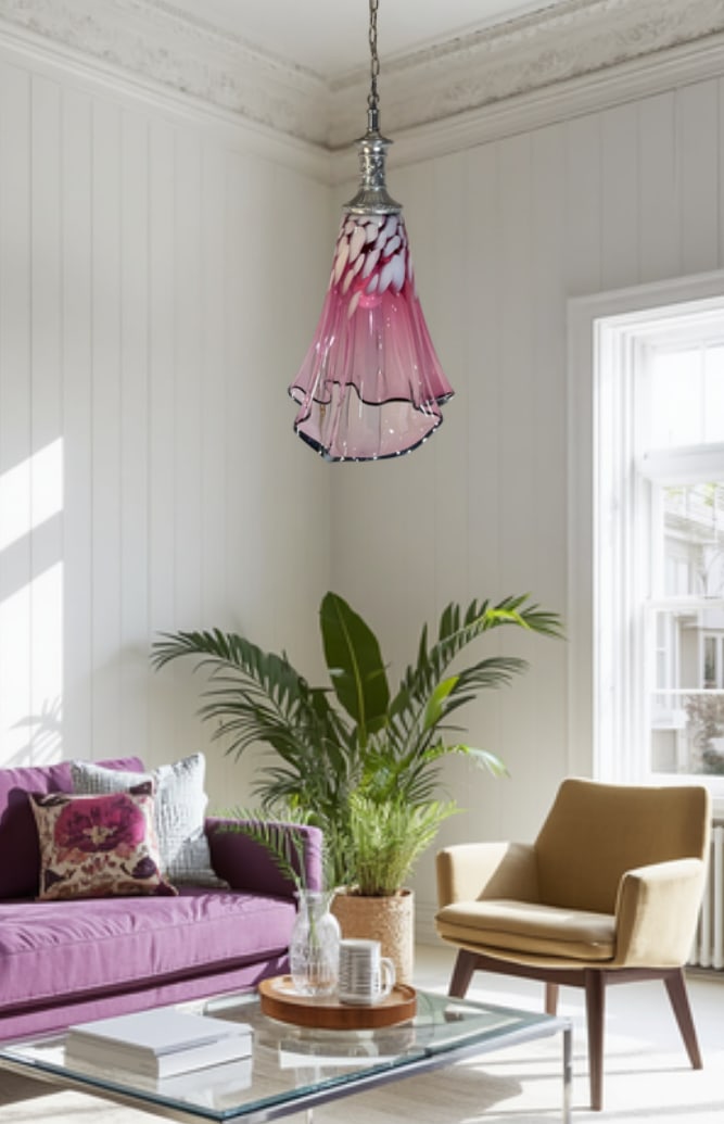 Large Fazzoletto Art Glass Raspberry Pink White Oval Pattern Pendant Light Signed - 4