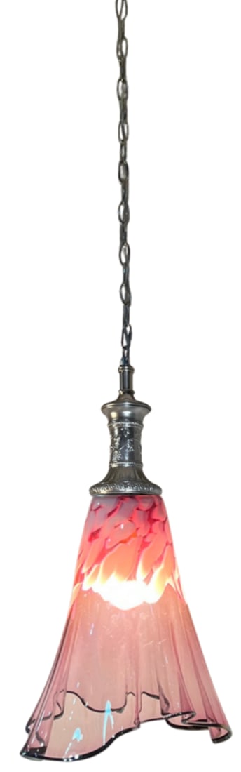 Large Fazzoletto Art Glass Raspberry Pink White Oval Pattern Pendant Light Signed - 5