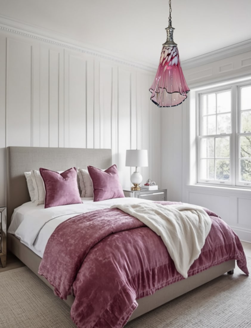 Large Fazzoletto Art Glass Raspberry Pink White Oval Pattern Pendant Light Signed - 8