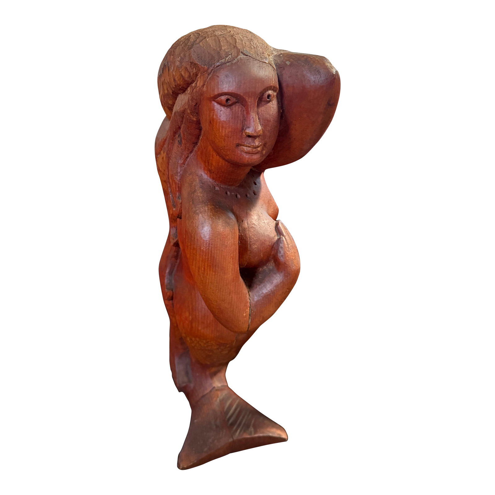 Early 20th Century Very Unique Figure Head for Boat Mermaid Made of Cedar Ulysses Oxf 81: Very Unique Figure Head For Boat Mermaid Made Of Cedar Ulysses OXF 81 Soild 26in 26in Long /12in Wide Solid very heavy weighs about 35 pounds Hand carved for boat There is a crack going through it