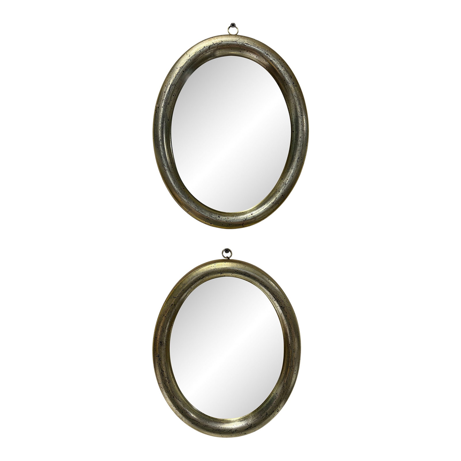 Pair, Borghese Italian Oval Silver Giltwood Wall Mirrors, 20th C.: This matched pair of oval wall mirrors is attributed to Borghese, each retaining a printed Borghese label to the reverse. The mirrors are conceived in a restrained classical format, with softly rounde