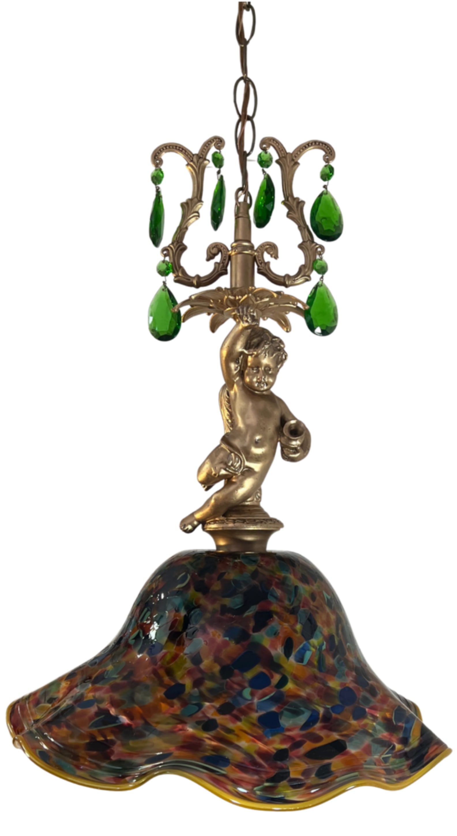 Signed Confetti Art Glass Shade Cherub Pendant Light - 4