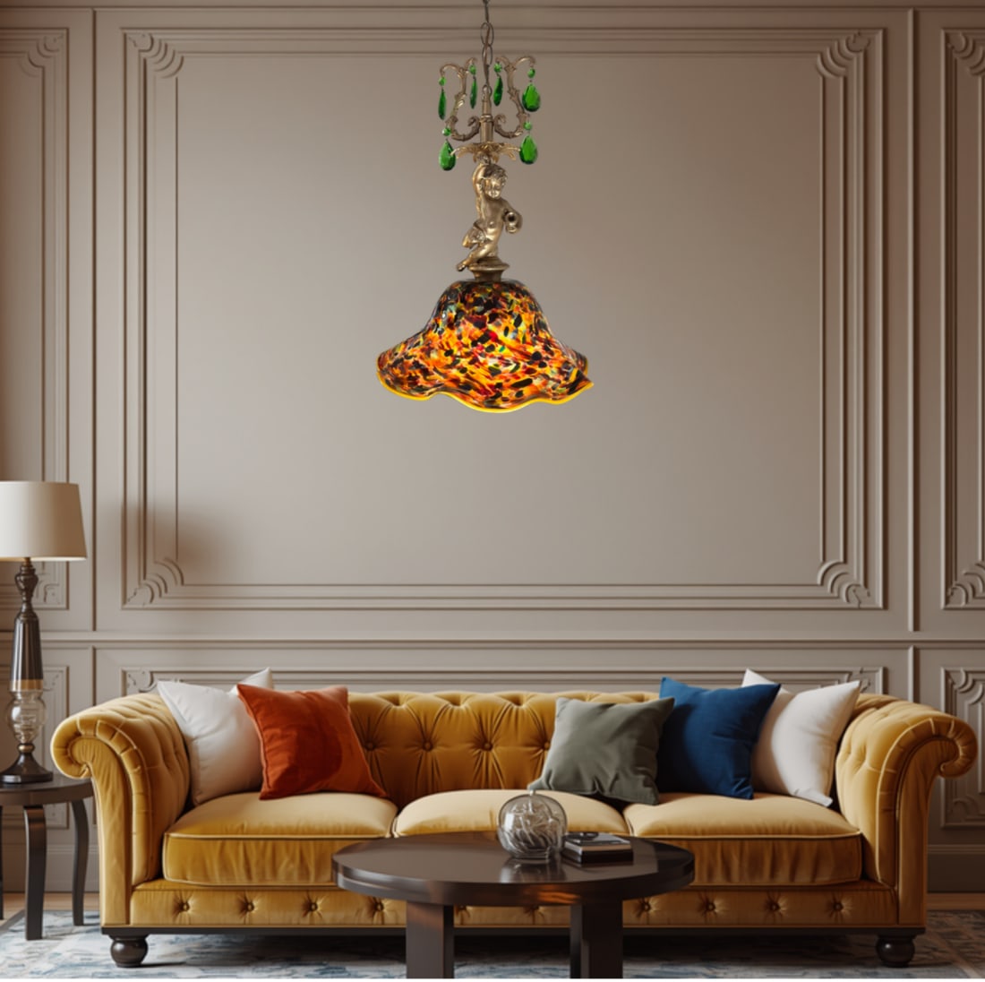 Signed Confetti Art Glass Shade Cherub Pendant Light - 8