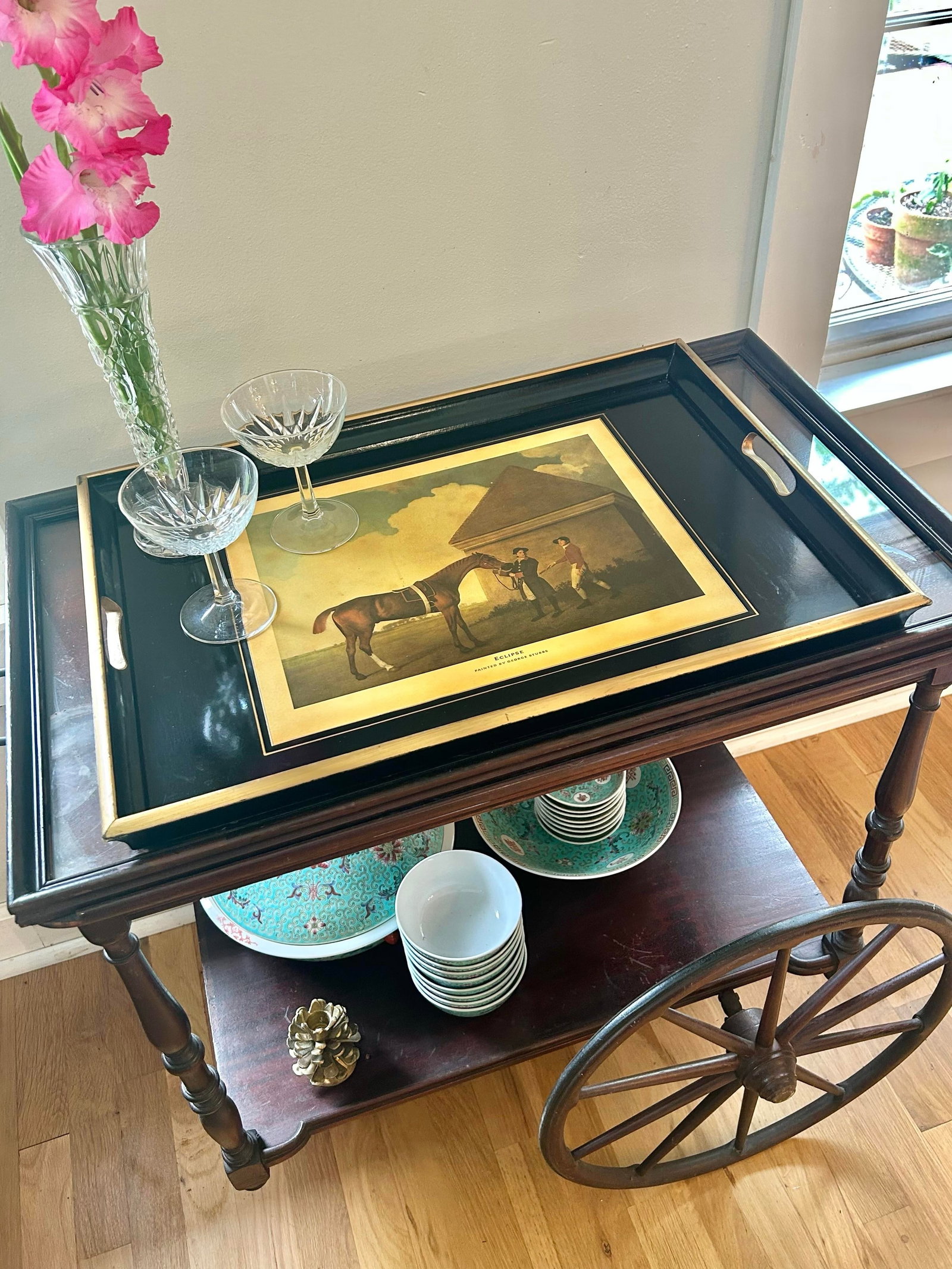 Vintage Abercrombie & Fitch English Black Lacquer Wood Serving Tray With George Stubbs "Eclipse" - 2