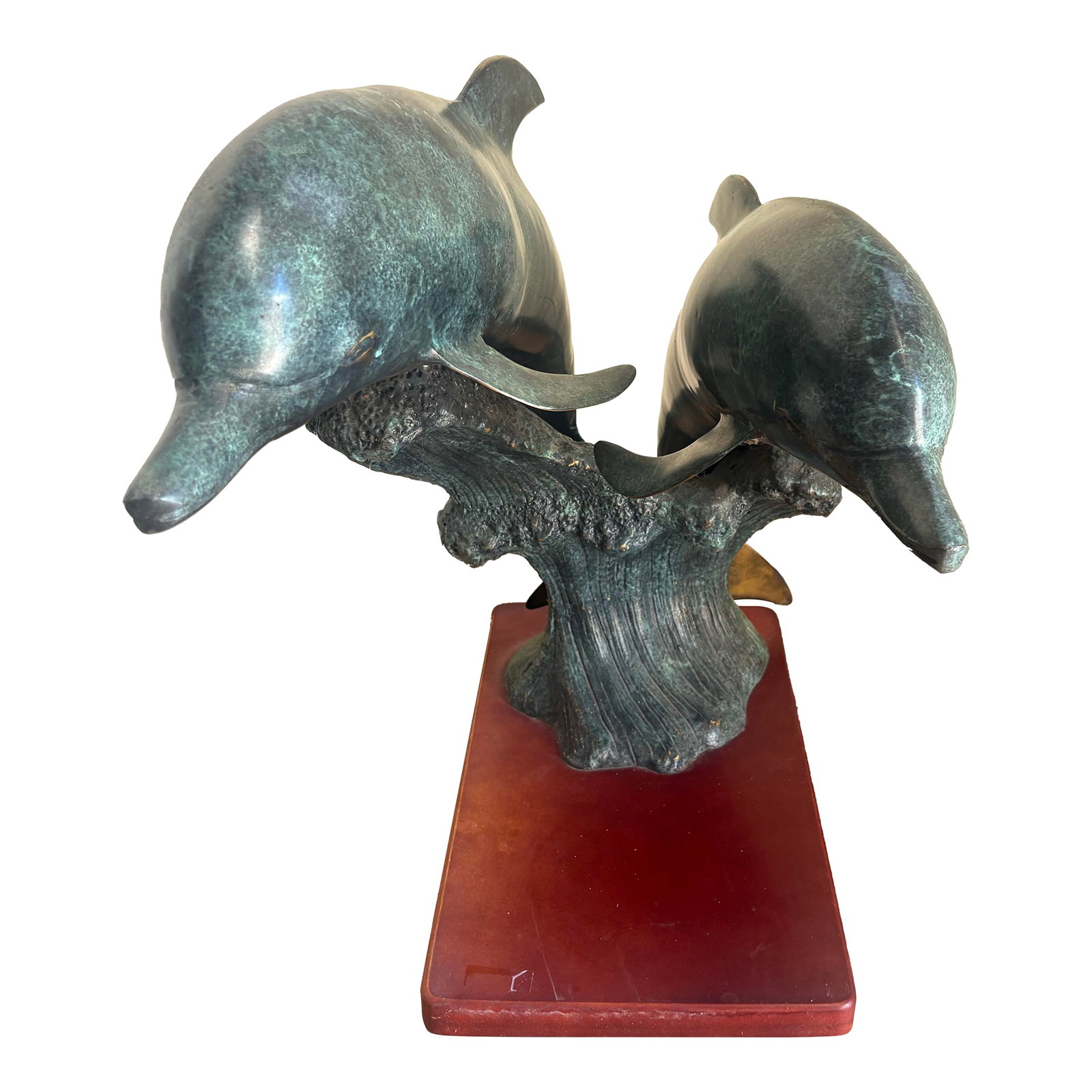 Vintage Bronze Dolphins, "Sea Prancer": This pair of bronze dolphin "Sea Sprancer" sculpture is manufactured by the San Pacific International or San Francisco Bay Trading. The design is to capture 2 dolphins leaping synchronized emerging