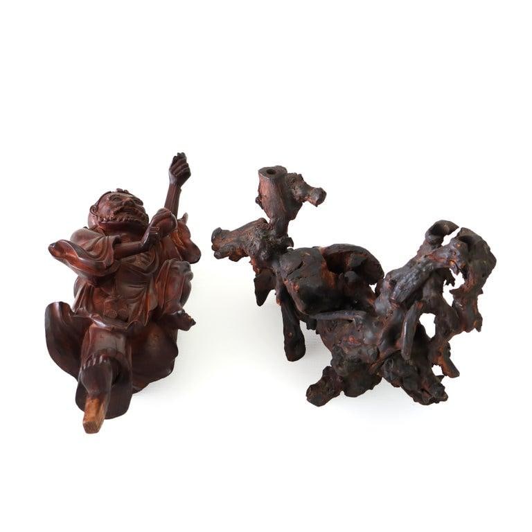 Chinese Carved Wood Folklore Figure With Wood Base 19thC - Set of 2 - 3