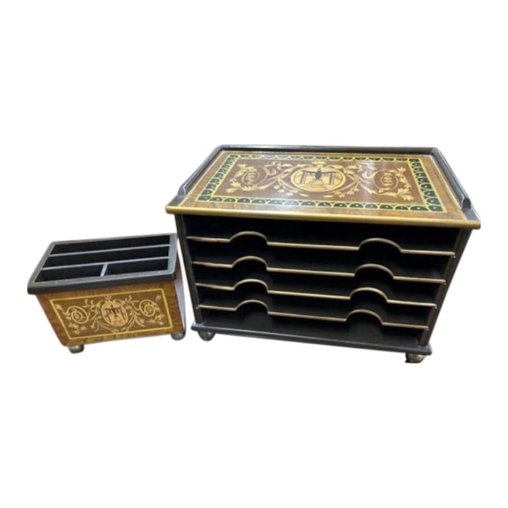 Vintage Lacquered Marquetry Executive Desk Organizer Set, 2 Pieces (1 of 7)