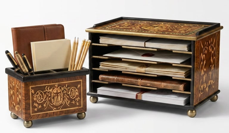 Vintage Lacquered Marquetry Executive Desk Organizer Set, 2 Pieces - 2