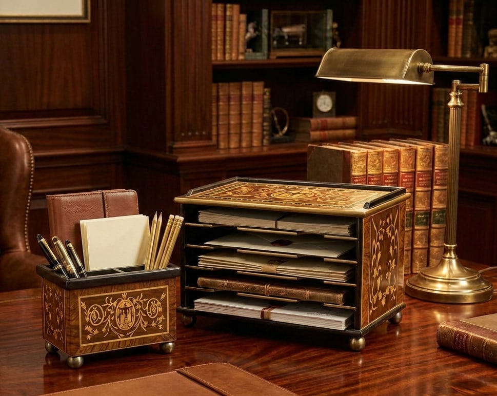 Vintage Lacquered Marquetry Executive Desk Organizer Set, 2 Pieces - 4