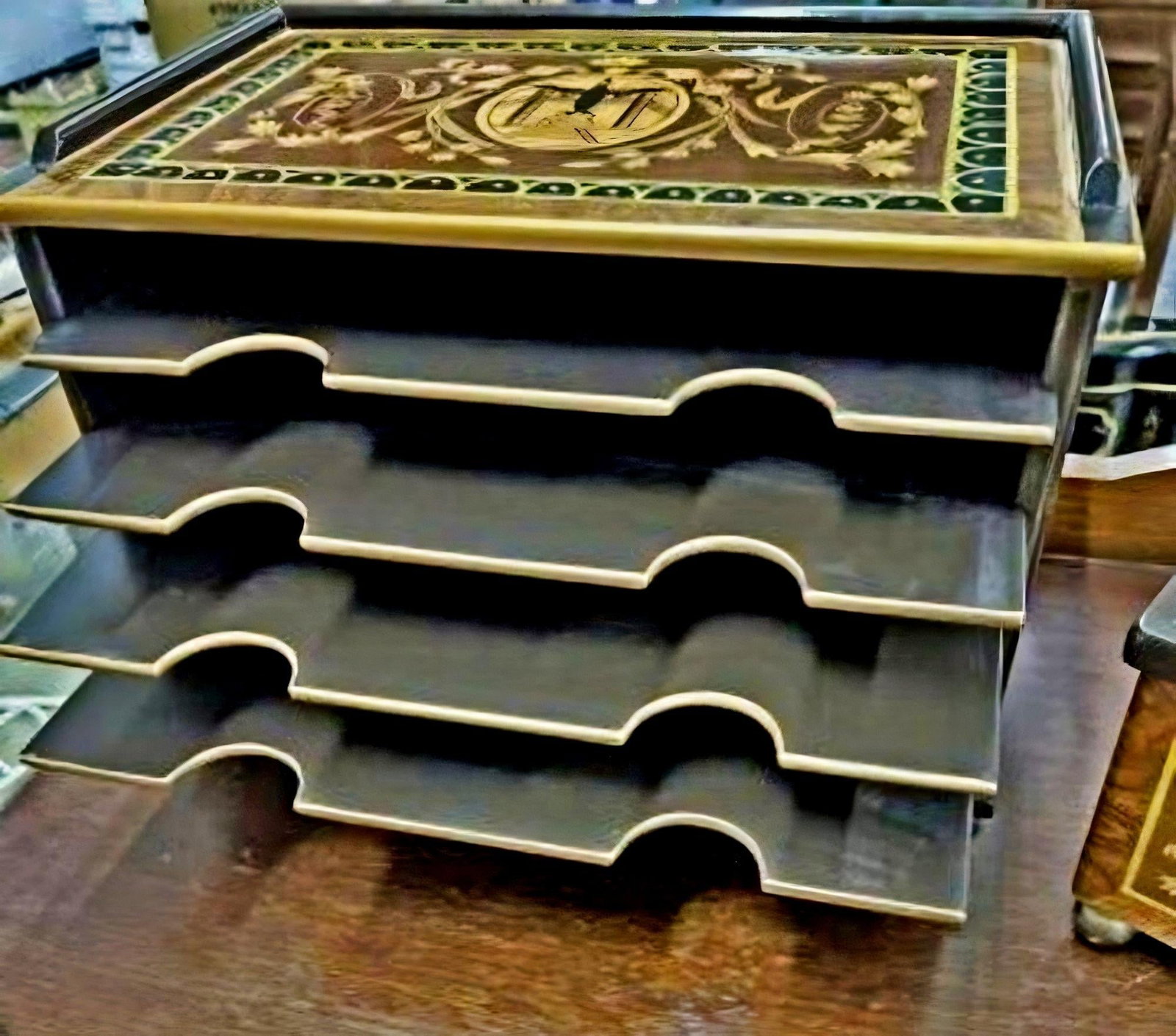 Vintage Lacquered Marquetry Executive Desk Organizer Set, 2 Pieces - 5