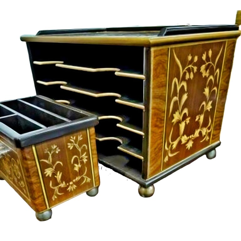 Vintage Lacquered Marquetry Executive Desk Organizer Set, 2 Pieces - 6