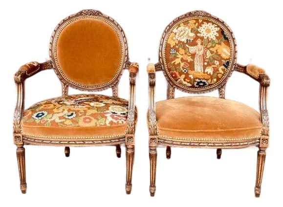 Pair of 19th C Louis XVI Style Armchairs in Late 19th C Needlepoint W Complementary Velvet: I found the needlepoint on these chairs still on uncut canvas. Perfect for these Louis XVI style armchairs. Condition: Alterations: Original Condition Unaltered Imperfections: Some Imperfections