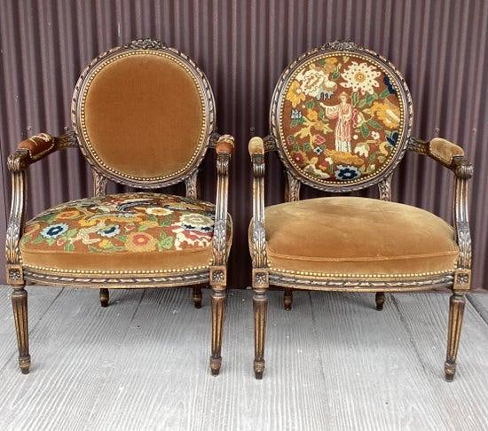 Pair of 19th C Louis XVI Style Armchairs in Late 19th C Needlepoint W Complementary Velvet - 2