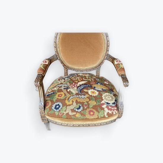 Pair of 19th C Louis XVI Style Armchairs in Late 19th C Needlepoint W Complementary Velvet - 4