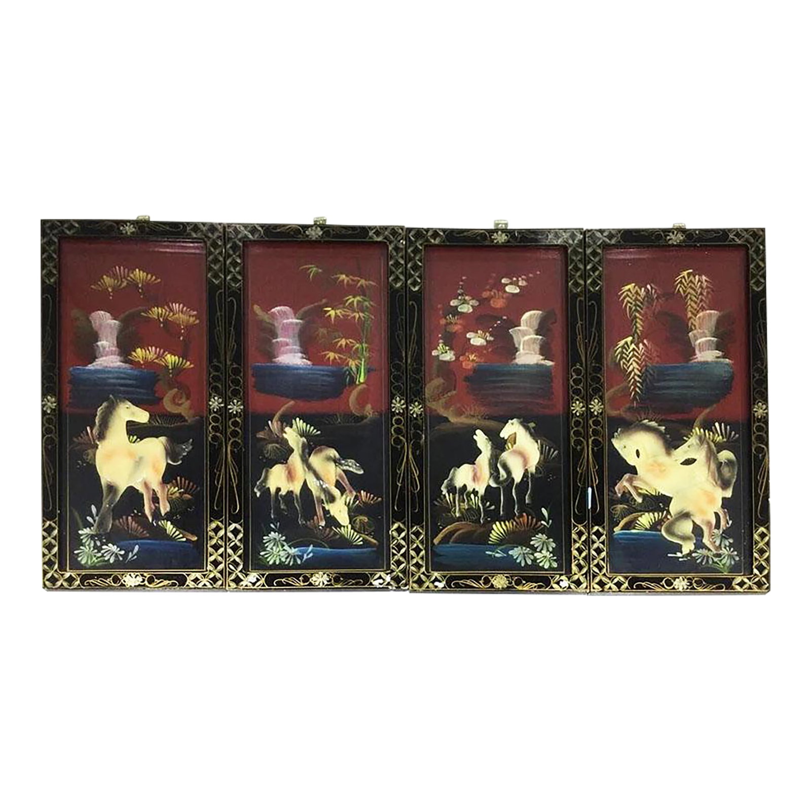 Asian Style Laquer Mother of Pearl Wall Panels Horses Motif - Set of 4: Set of Asian style hand painted wall panels. Hangers on back. Covered in glass. Each panel measures 11.25" x 24" AI Overview of one panel: This is a vintage Asian black lacquer wall plaque featuring