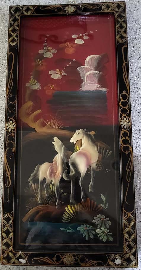 Asian Style Laquer Mother of Pearl Wall Panels Horses Motif - Set of 4 - 2