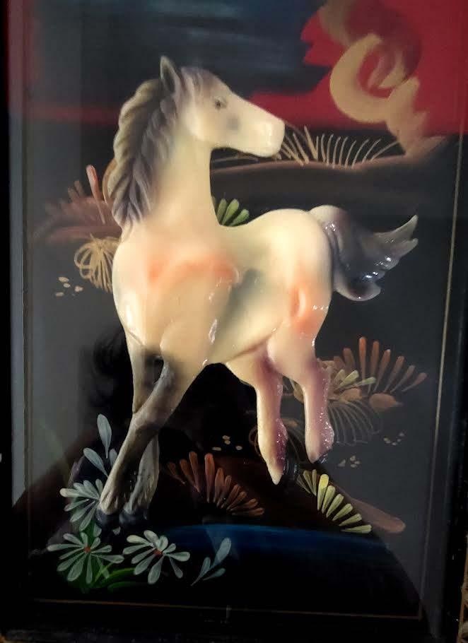 Asian Style Laquer Mother of Pearl Wall Panels Horses Motif - Set of 4 - 3