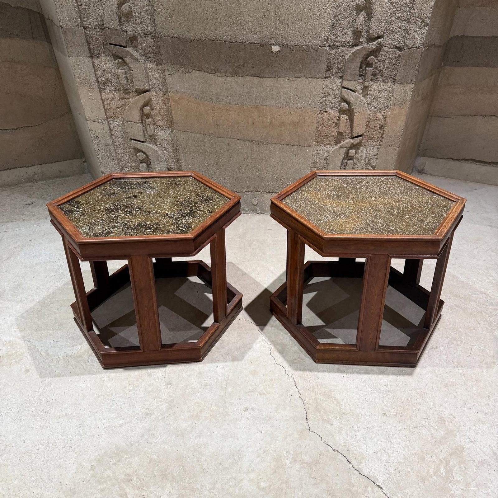 John Keal for Brown Saltman Hexagonal Pair Side Table Walnut Enamel - 2