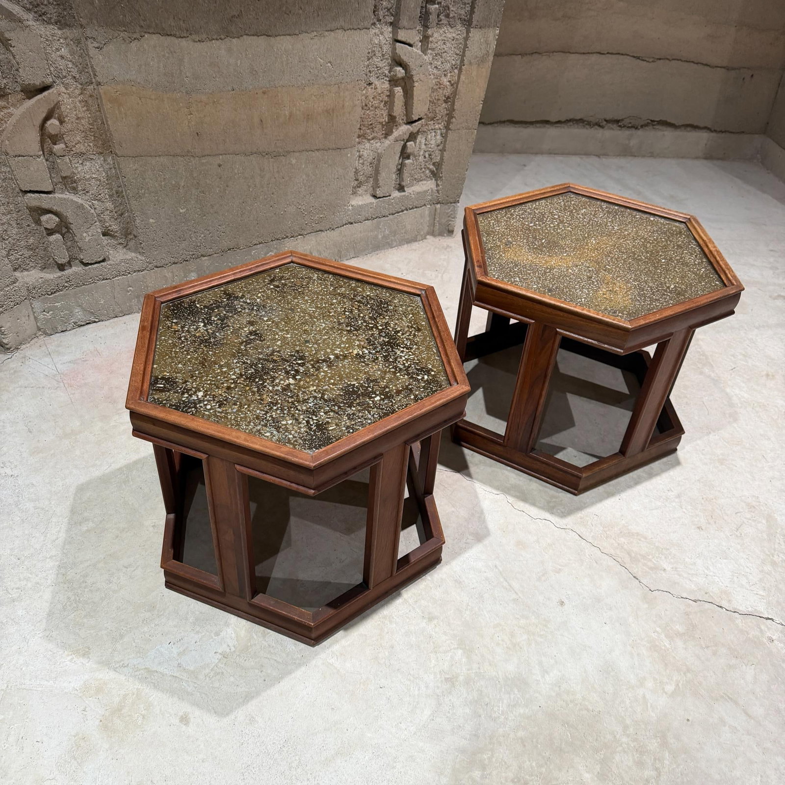 John Keal for Brown Saltman Hexagonal Pair Side Table Walnut Enamel - 3