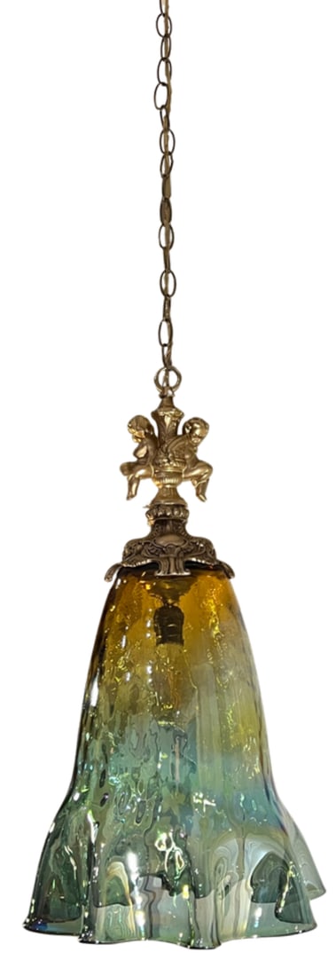 Large Art Glass Fazzoletto Green Amber Cherub Pendant Light - 10