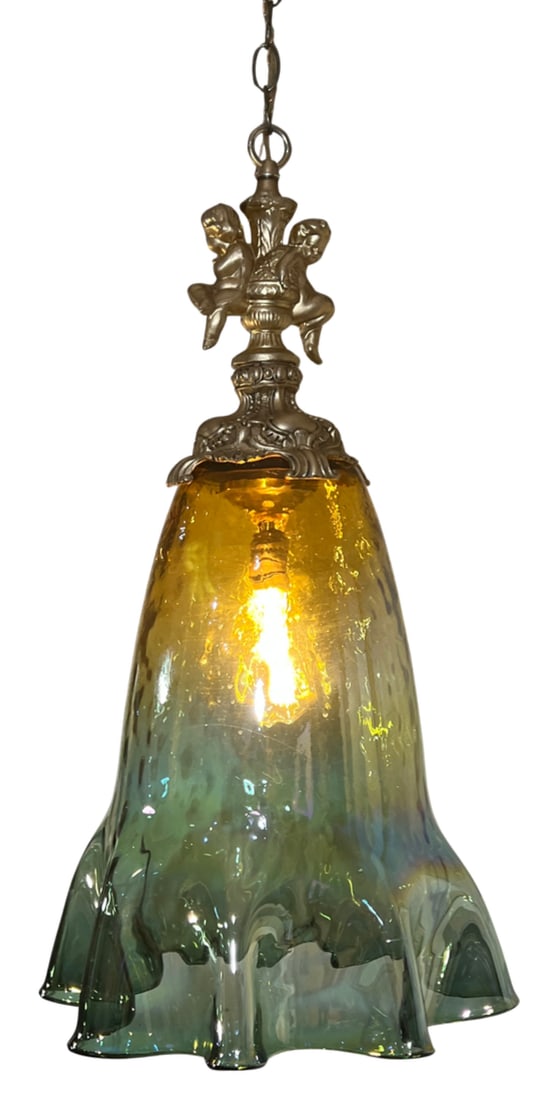 Large Art Glass Fazzoletto Green Amber Cherub Pendant Light - 12