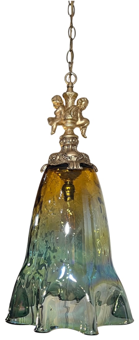 Large Art Glass Fazzoletto Green Amber Cherub Pendant Light - 14