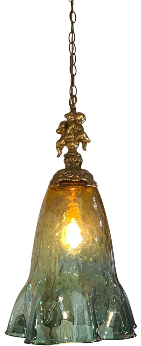 Large Art Glass Fazzoletto Green Amber Cherub Pendant Light - 16