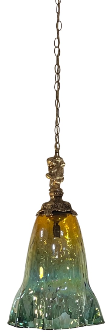 Large Art Glass Fazzoletto Green Amber Cherub Pendant Light - 17