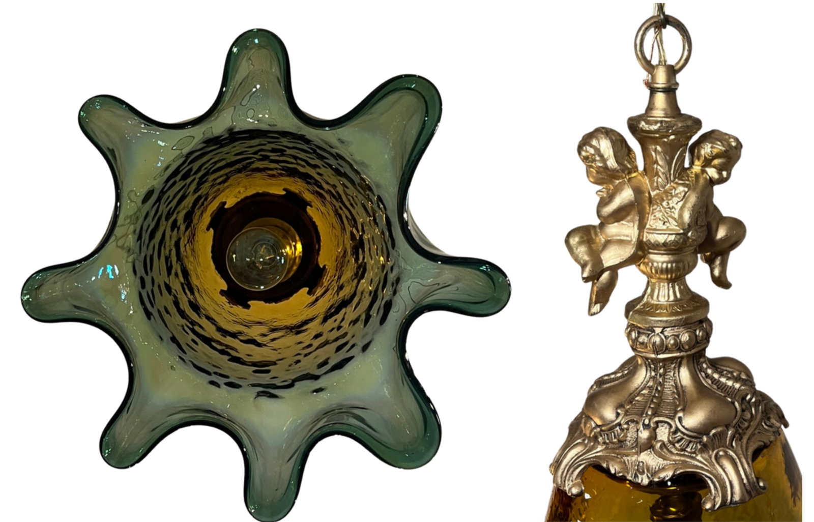 Large Art Glass Fazzoletto Green Amber Cherub Pendant Light - 18
