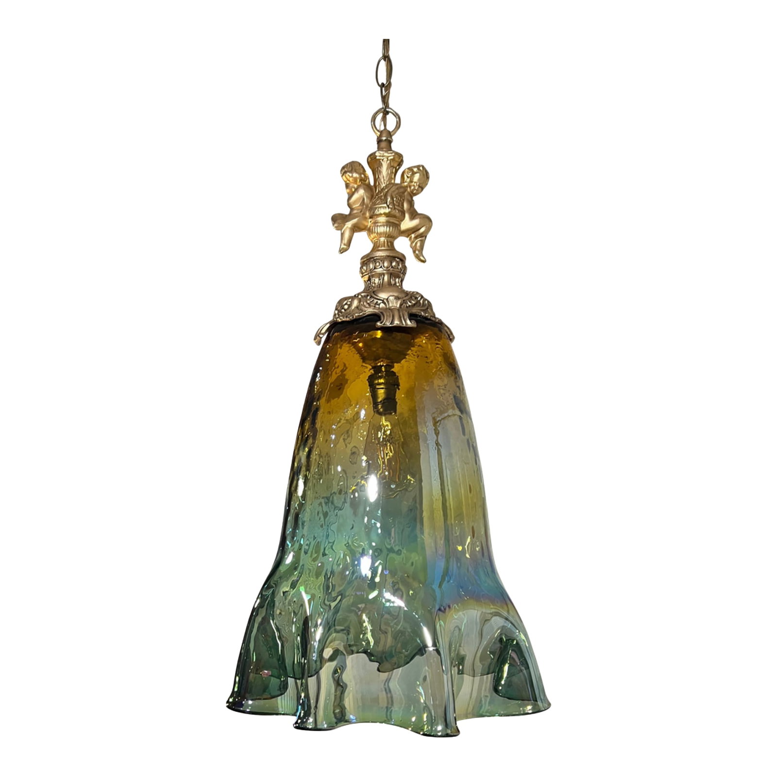 Large Art Glass Fazzoletto Green Amber Cherub Pendant Light: Crafted from mid"‘century metal lamp parts and contemporary hand"‘blown art glass, this striking pendant embodies both sculptural artistry and vintage refinement. The lamp, measuring