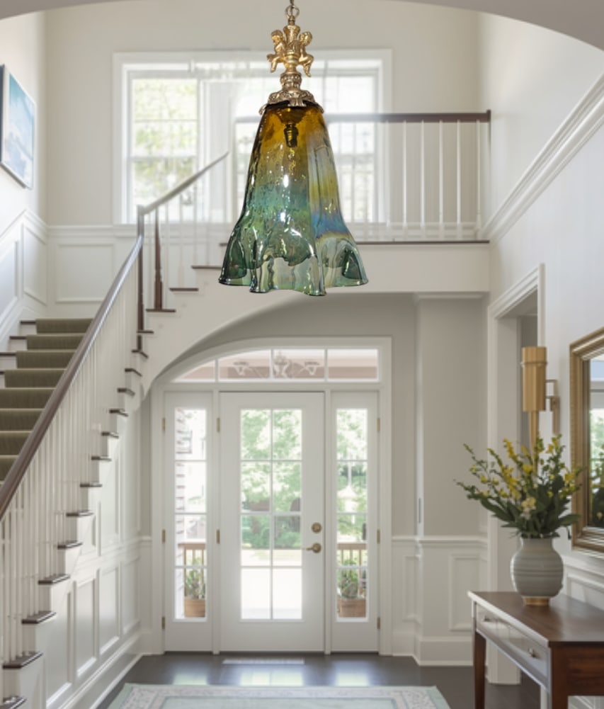 Large Art Glass Fazzoletto Green Amber Cherub Pendant Light - 2