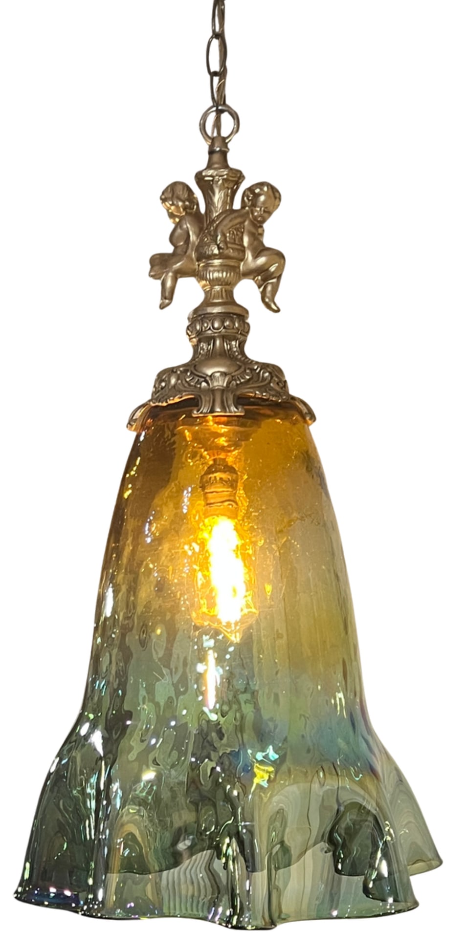 Large Art Glass Fazzoletto Green Amber Cherub Pendant Light - 3