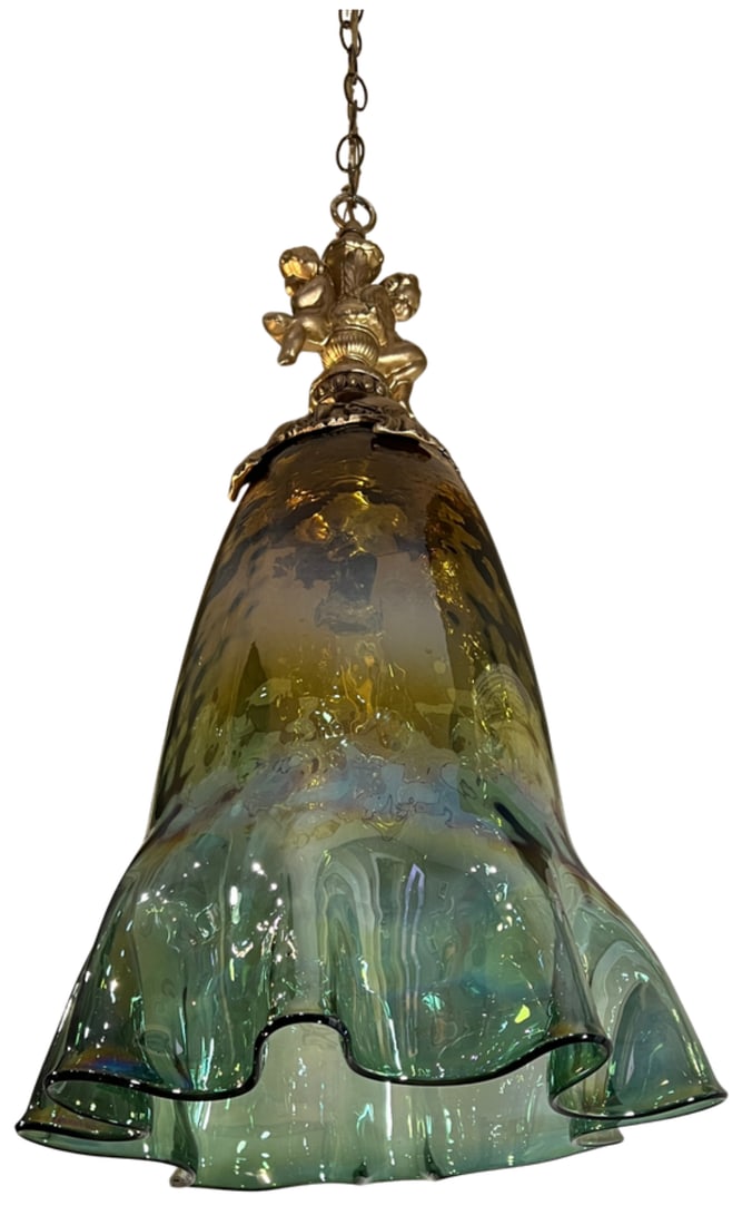 Large Art Glass Fazzoletto Green Amber Cherub Pendant Light - 5