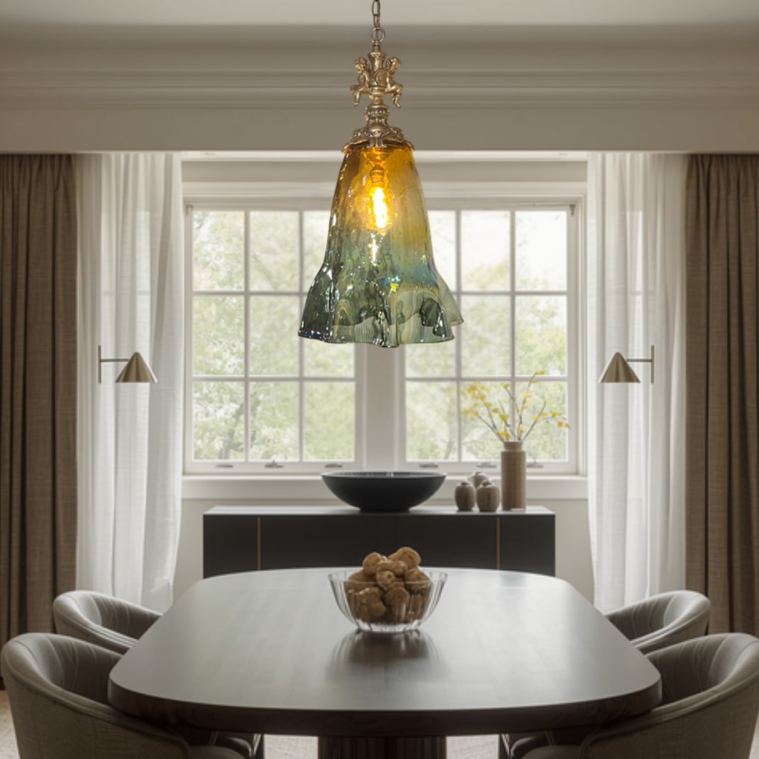 Large Art Glass Fazzoletto Green Amber Cherub Pendant Light - 7