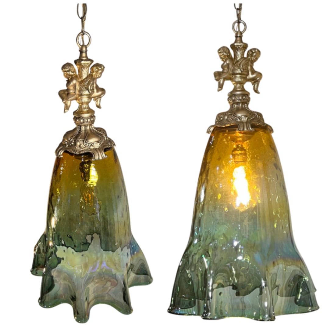 Large Art Glass Fazzoletto Green Amber Cherub Pendant Light - 8