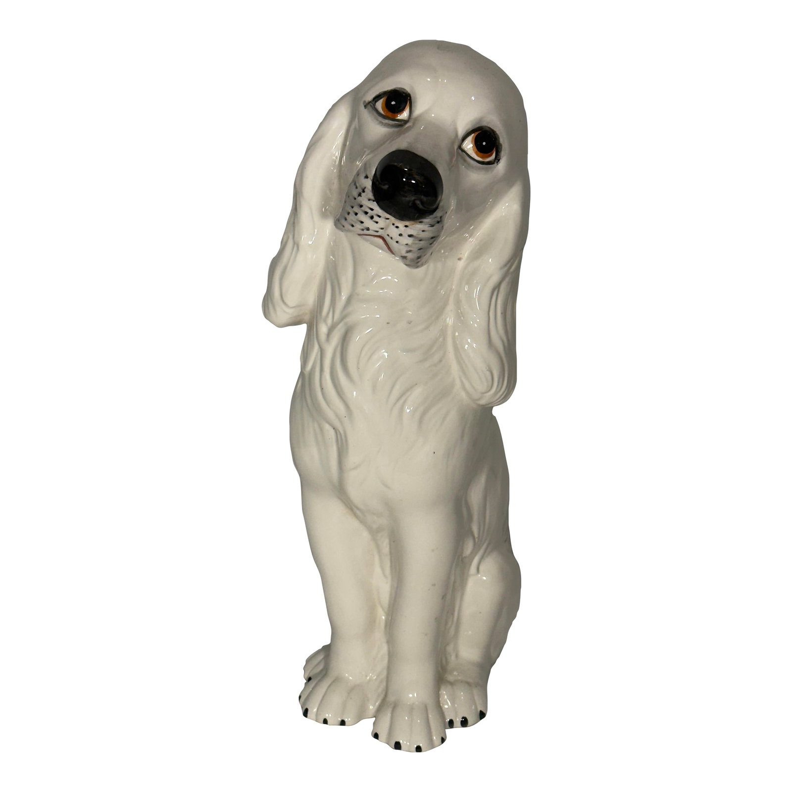 1970s Hollywood Regency Italian Life-Size Ceramic Cocker Spaniel Statue - Dorothy Draper Style: This is a charming vintage Italian ceramic spaniel figurine, a quintessential piece of mid-century Italian export pottery. Crafted around the 1960s or 1970s, it depicts a large Cocker Spaniel in a