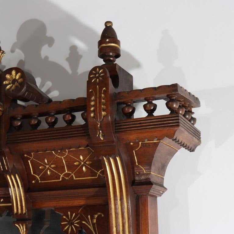 Eastlake Aesthetic Walnut Burl Hall Mirror Gilt Highlights C1870 - 10