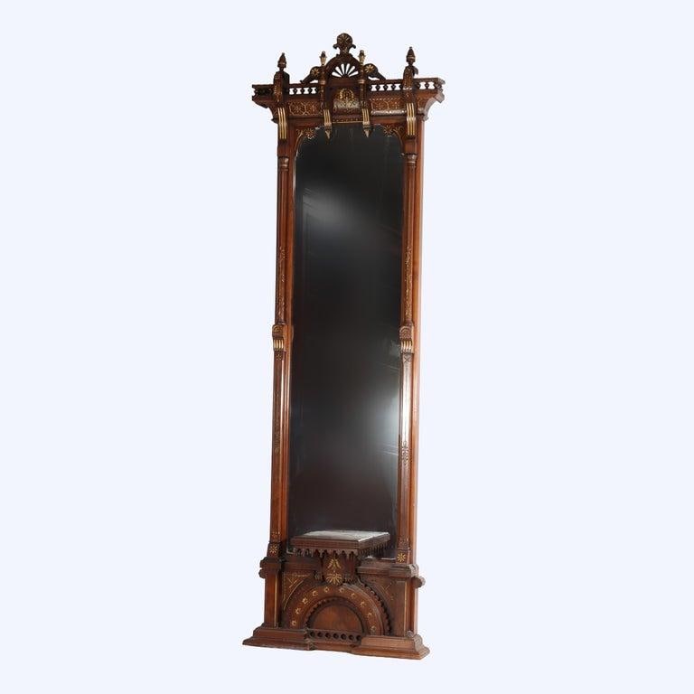 Eastlake Aesthetic Walnut Burl Hall Mirror Gilt Highlights C1870 - 3