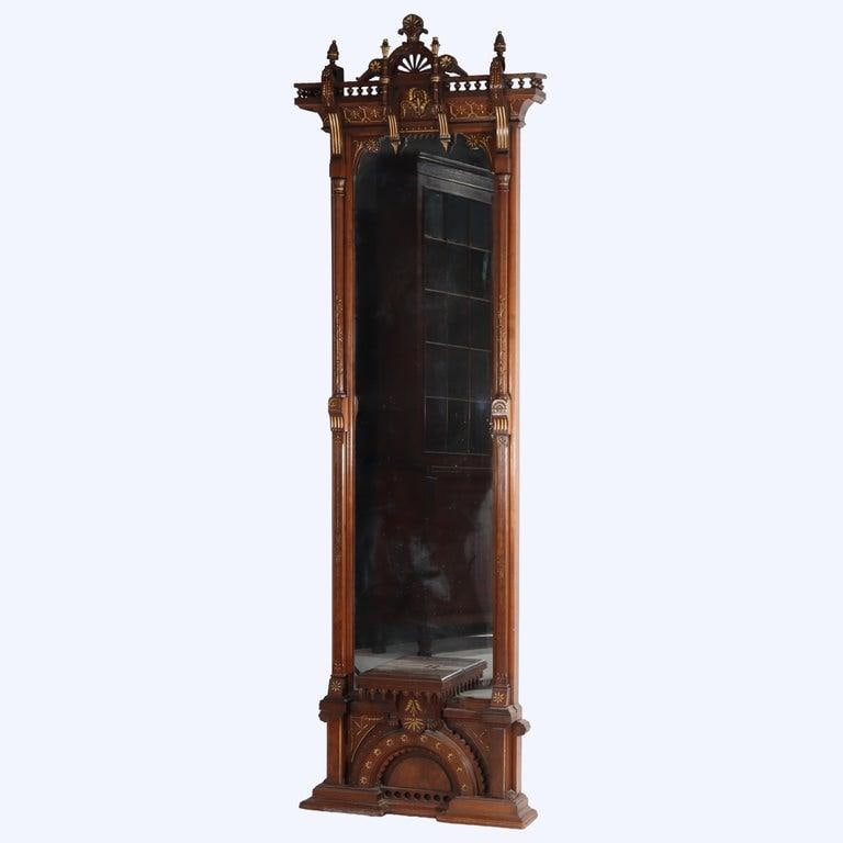 Eastlake Aesthetic Walnut Burl Hall Mirror Gilt Highlights C1870 - 4
