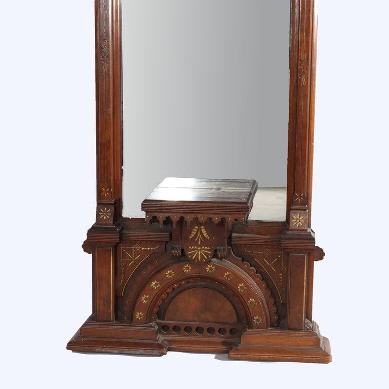 Eastlake Aesthetic Walnut Burl Hall Mirror Gilt Highlights C1870 - 5