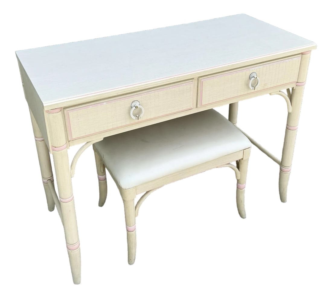 Vintage Coastal Pink and Cream Faux Bamboo Writing Desk With Low Stool by Thomasville: An elegant vintage Thomasville writing desk and matching low stool, beautifully crafted in a soft coastal cream finish with delicate blush pink accents and refined faux bamboo detailing. Featuring