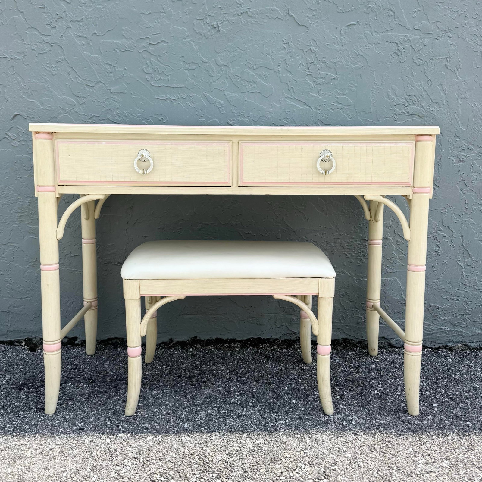 Vintage Coastal Pink and Cream Faux Bamboo Writing Desk With Low Stool by Thomasville - 2