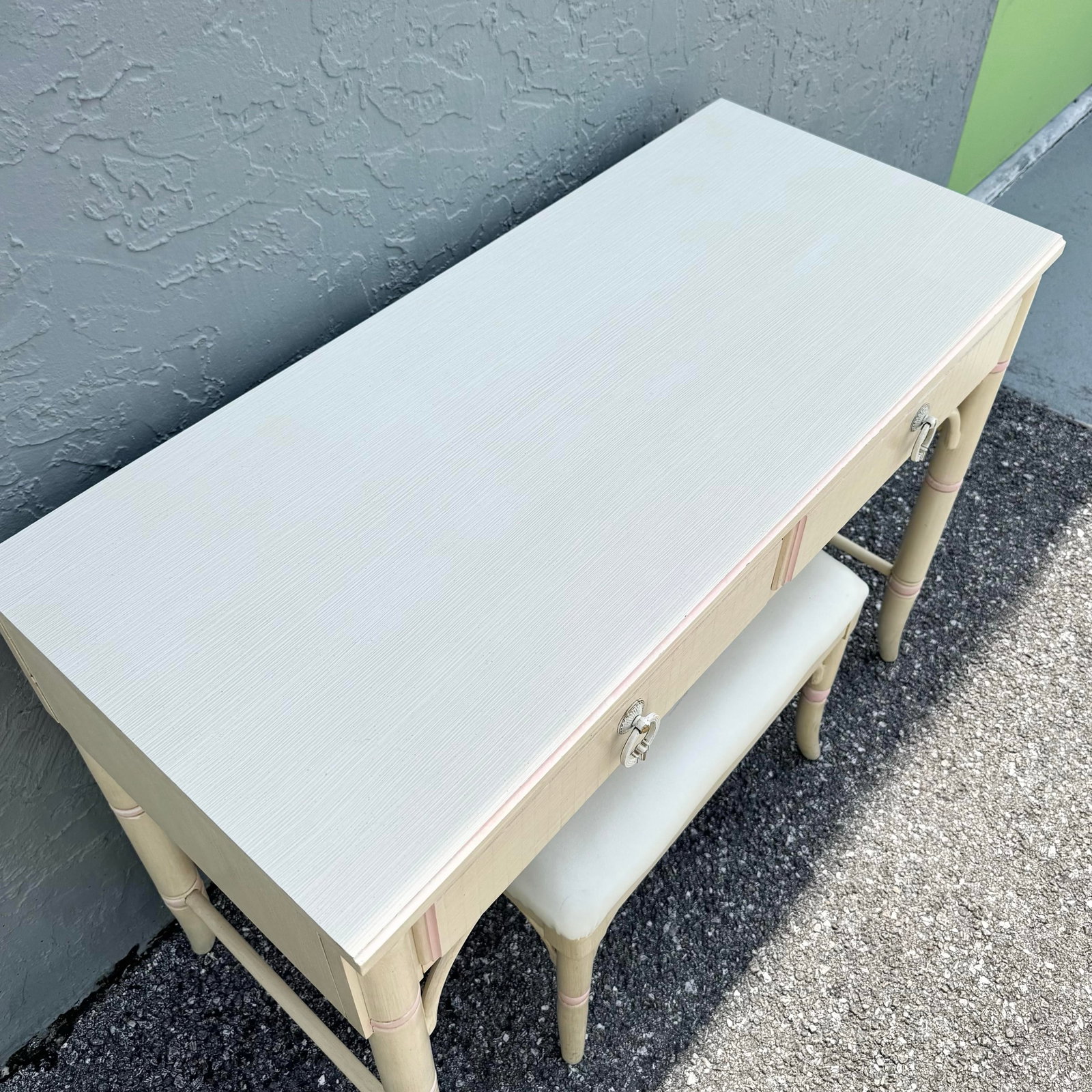 Vintage Coastal Pink and Cream Faux Bamboo Writing Desk With Low Stool by Thomasville - 3