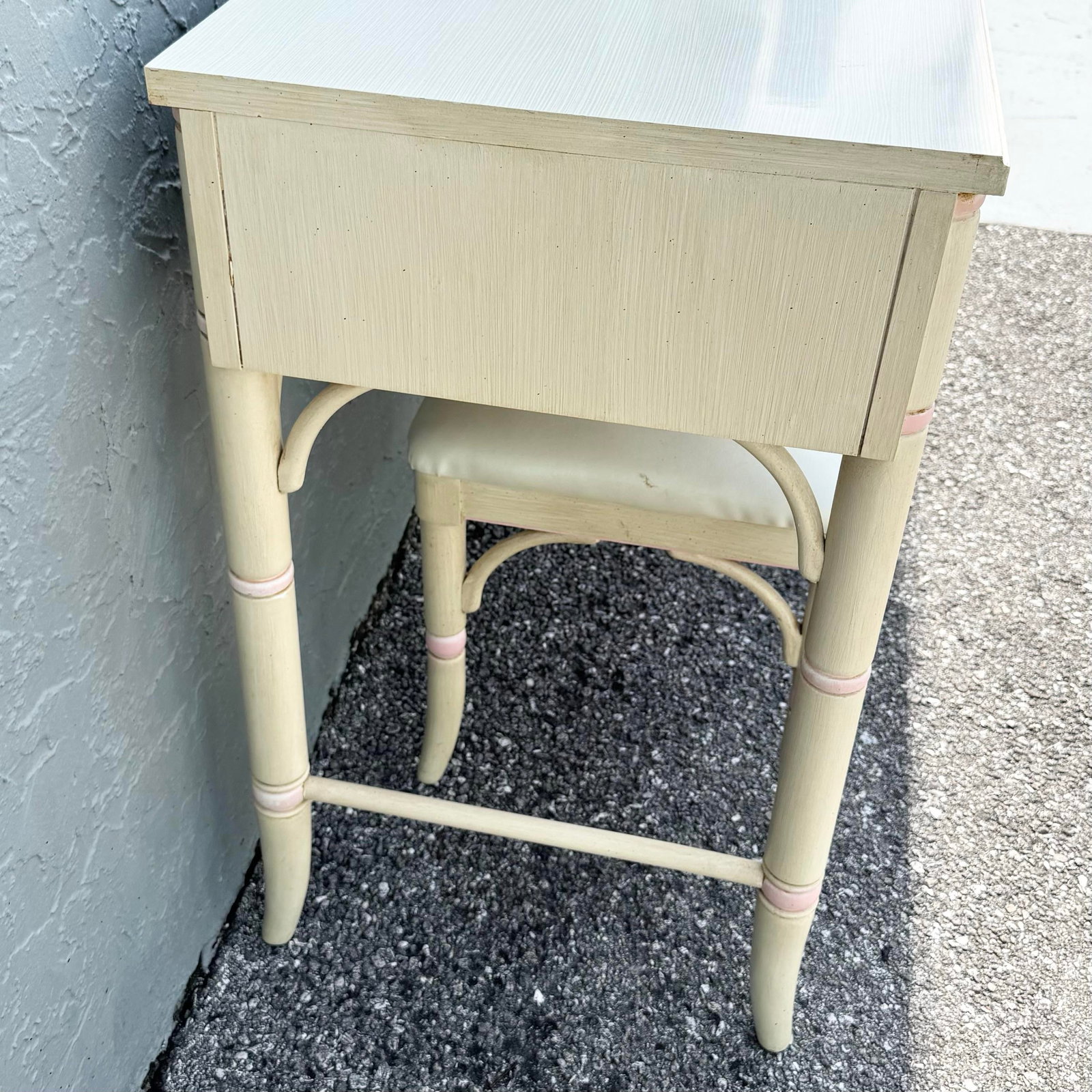 Vintage Coastal Pink and Cream Faux Bamboo Writing Desk With Low Stool by Thomasville - 5