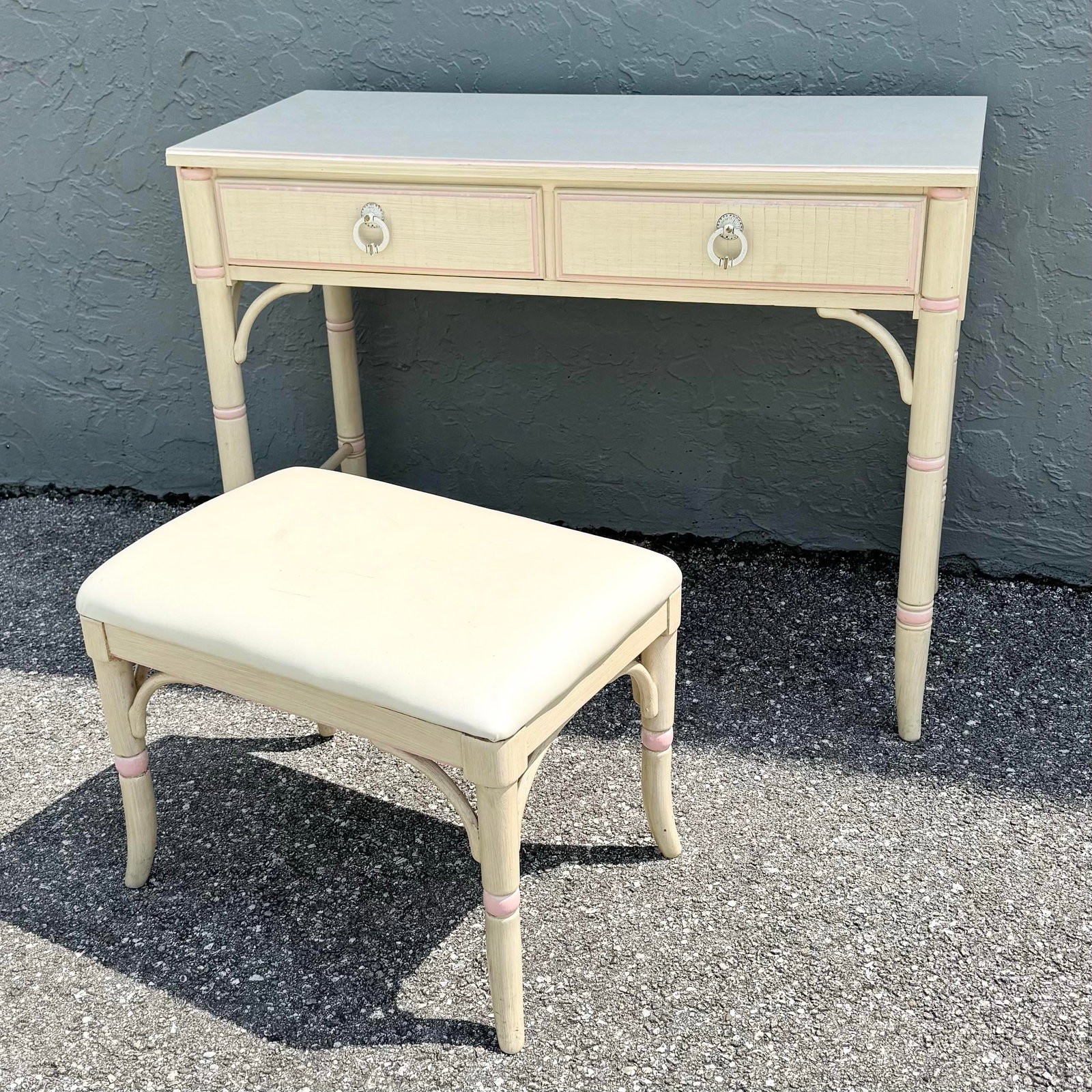 Vintage Coastal Pink and Cream Faux Bamboo Writing Desk With Low Stool by Thomasville - 6