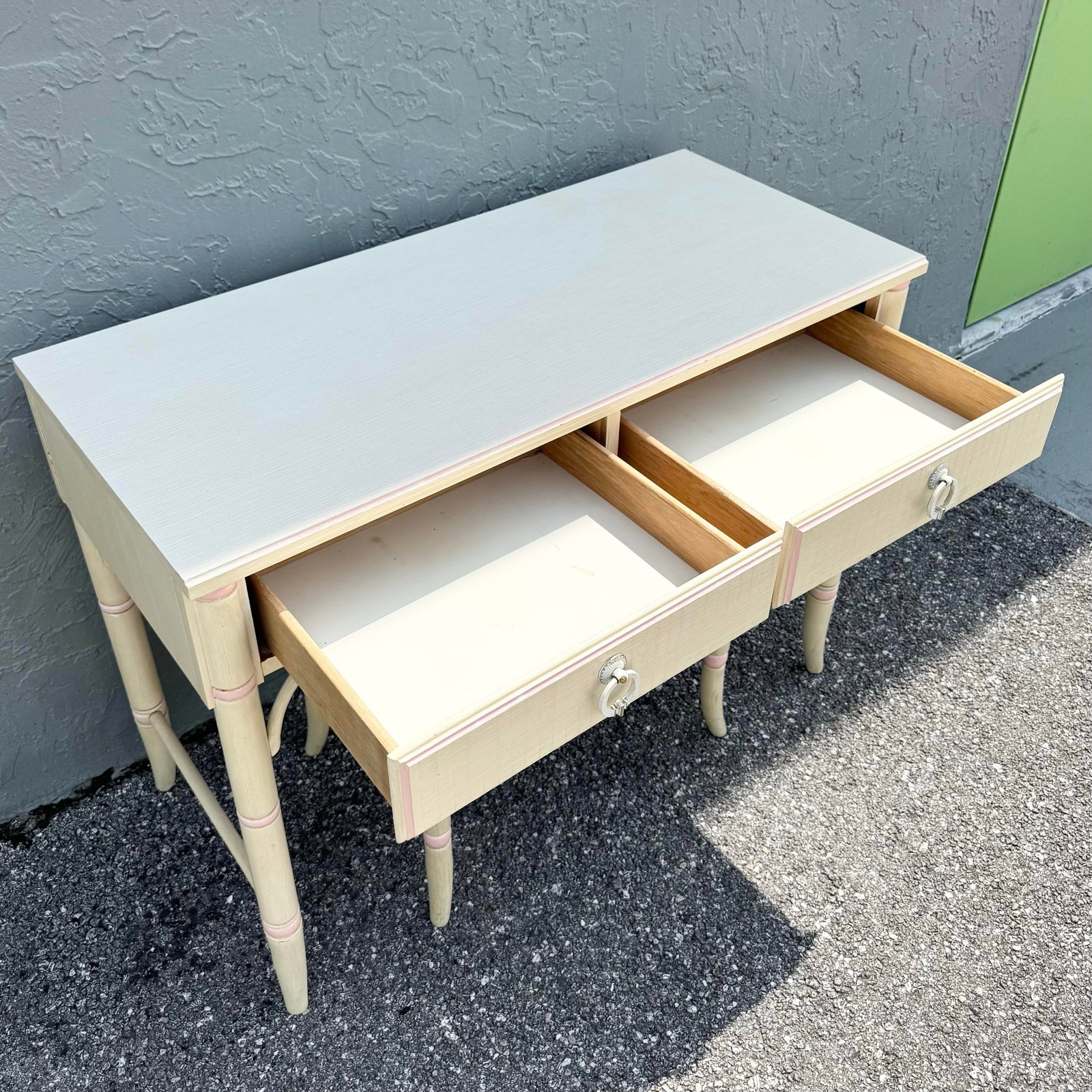 Vintage Coastal Pink and Cream Faux Bamboo Writing Desk With Low Stool by Thomasville - 9