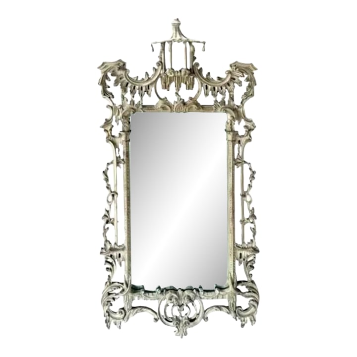 Chinese Chippendale Style Whitewashed Wall Mirror, Hand-Carved Wood (1 of 9)