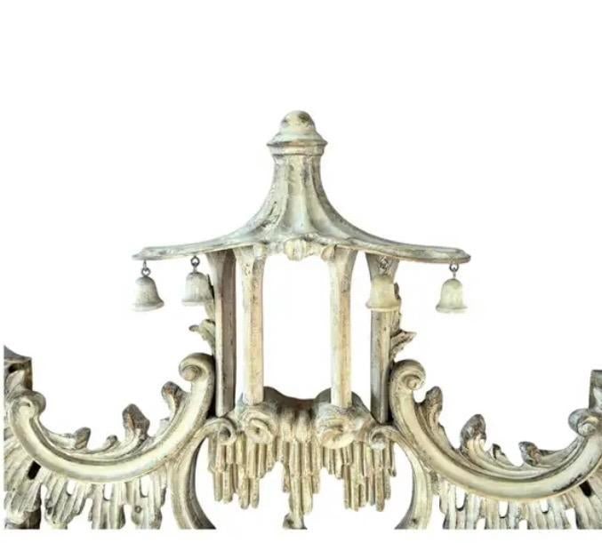 Chinese Chippendale Style Whitewashed Wall Mirror, Hand-Carved Wood - 2