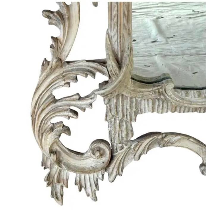 Chinese Chippendale Style Whitewashed Wall Mirror, Hand-Carved Wood - 4